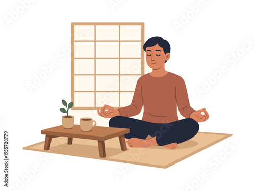 A calm lifestyle reflection scene where an individual mindfully resets mental energy and finds inner balance while spending quiet time in a traditional minimalist living
