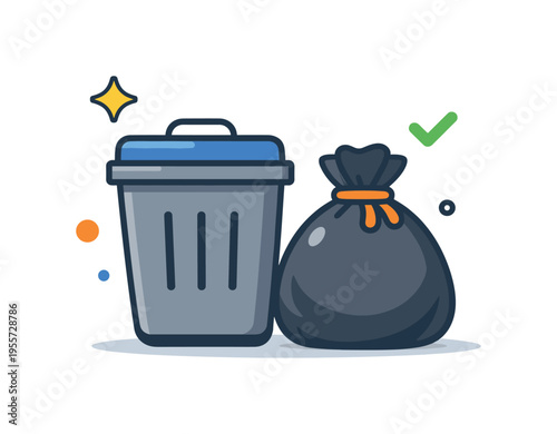 Urban sanitation and responsible garbage disposal representing organized city maintenance and public cleanliness, a filled trash bag next to a simple trash bin icon expressing