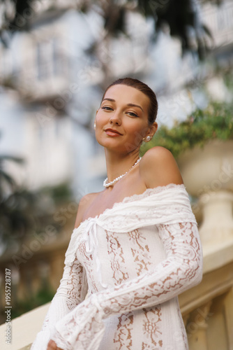 Elegant Lace Dress Portrait With Pearls In Sunny Mediterranean Resort