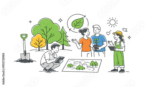 A nature conservation planning scene where people organize a project focused on planting and protecting urban greenery, illustrated through a visual metaphor of a group of simple
