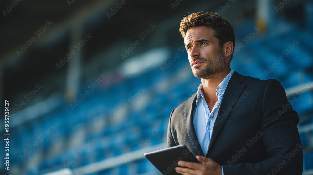 Fototapeta premium Male team manager standing at the edge of a stadium field, monitoring the game. Blue seats in the background, coach observing players during match.
