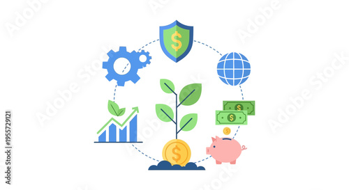 Financial Growth Ecosystem Vector Illustration. Investment Cycle, Savings Strategy, Wealth Management, Security, and Global Business Process Flow.