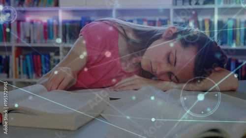 Vertical video: Teen long study in library writing fading network over books and arm pencil resting