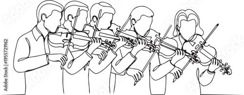 Five violinists playing in unison during a classical performance