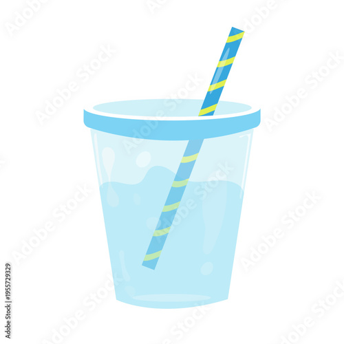 Transparent plastic cup with water and striped straw on white background