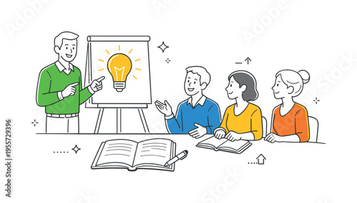 Professional training education workshop where a small group of colleagues gather to develop new skills and share knowledge during a learning session, representing career growth