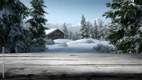 Rustic white washed wooden surface with snow and Christmas trees in background