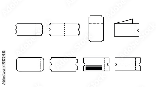 Event ticket shapes: classic perforated ticket stub, double stub ticket, vertical ticket stub, folded ticket stub, round corner ticket stub, notched edge ticket stub, barcode area