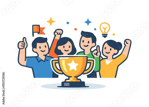 Celebrating business milestones and reinforcing workplace motivation centered on recognition and future ambition in collaborative cultures, a flat abstract team character group