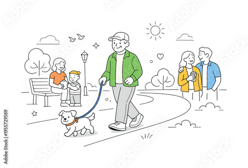 Relaxed neighborhood lifestyle moment where a grandfather enjoys a calm walk with his dog along a quiet park path while spending quality time outdoors, a walking leash and a small