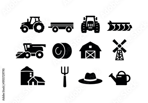 Tractor farming set: farm tractor, tractor with trailer, tractor front view, plow attachment, harvester combine, hay bale roll, barn building, windmill farm tower, grain silo