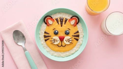 Cute tiger face made from fruit and chocolate on oatmeal in mint bowl with juice and milk, creative healthy kids breakfast, fun animal food art, playful morning meal concept.