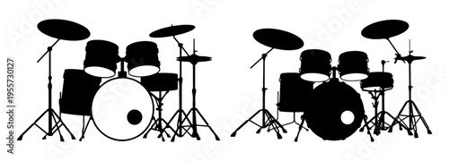 Drums set silhouette with white background, Musical instrument drum kit silhouette, Rock Drums silhouette vector