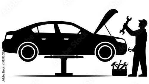 Automotive auto repair shop silhouette vector isolated on white background, Car servicing shop silhouette vector, Car maintenance silhouette Vector