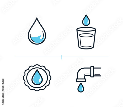 Hydration and water purity concepts commonly used in health, environment, and infrastructure communication about safe drinking water and water supply systems, presented as four