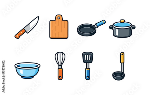 Kitchen utensils essentials: chef knife, wooden cutting board, frying pan, cooking pot with lid, mixing bowl, whisk beater, spatula turner, ladle spoon