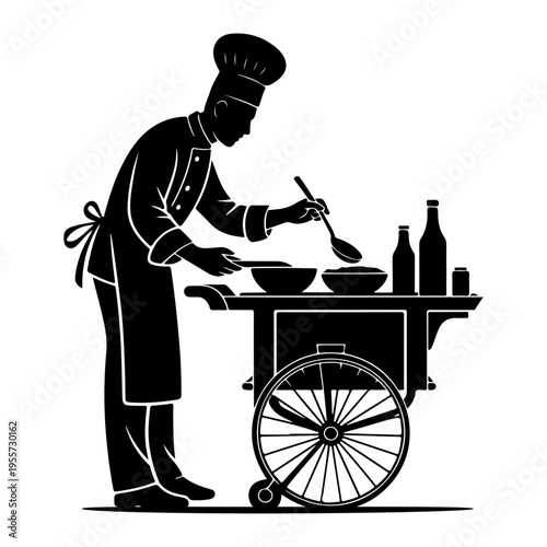 Chef cooking food hand drawn vector isolated on white background, Professional Silhouette Collection Featuring Street Food Chef Business Presentation and Online Meeting Concepts