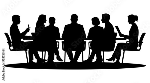 Silhouetted business people sitting at a long table during a professional corporate meeting or boardroom conference, Business meeting silhouette vector isolated on white background