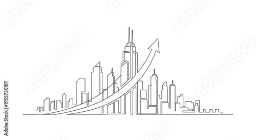 A minimalist line art illustration of a city skyline with an upward trending arrow