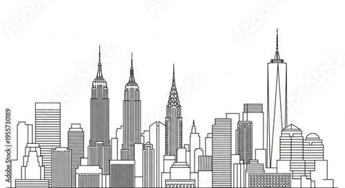 A black and white vector illustration of the New York City skyline featuring iconic skyscrapers