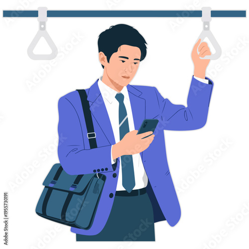 Flat vector illustration of a male office worker in a suit holding a grab handle and checking a mobile phone while commuting to work on a public subway or train, 