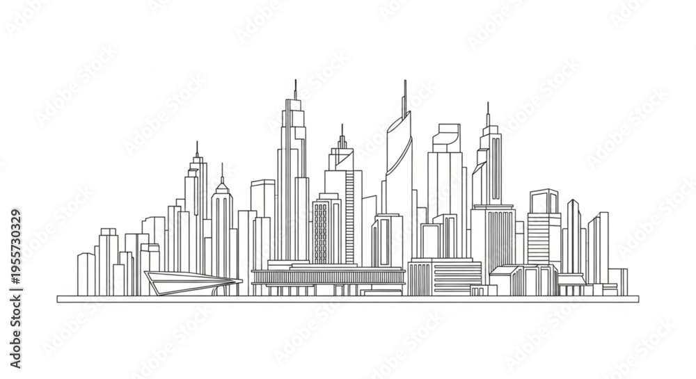 Obraz premium A minimalist line art illustration of a modern city skyline with sleek skyscrapers