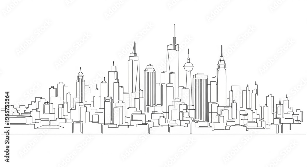 Fototapeta premium A minimalist line art illustration of a city skyline with sleek skyscrapers and modern architecture