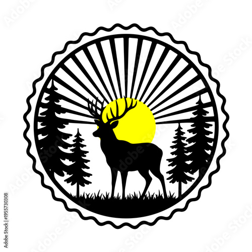 Deer silhouettes vector art illustration, Silhouette illustration of a deer in the woods, Deer silhouette logo design mountains forest vector