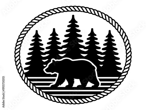 Bear silhouette vector, Black silhouette of bear walking with pine trees in circle hand-drawing vector art design