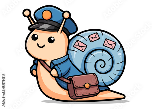 Cute Cartoon Snail Postman Character Delivering Mail with Backpack Adorable Animal Illustration Isolated on White Background, snail, cartoon, cute, character, mascot, mail, postman, delivery, message