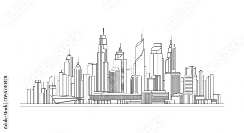 A minimalist line art illustration of a modern city skyline with sleek skyscrapers