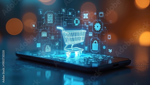 Wallpaper Mural Digital shopping cart floats above smartphone screen displaying e-commerce icons. Virtual online shopping, global trade network, digital finance. Modern retail business, tech innovation. Secure Torontodigital.ca