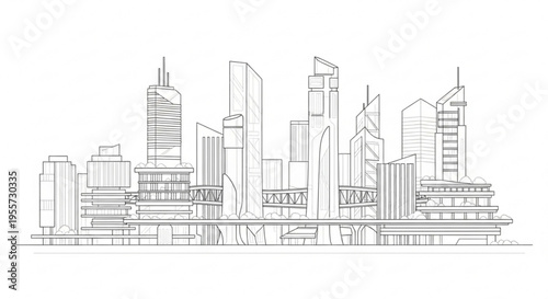 A minimalist line art illustration of a modern city skyline with sleek skyscrapers