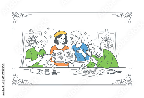 Classic floral design and vintage engraving collection concept where designers curate detailed botanical elements inspired by historical prints, featuring engraved flower stems and