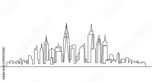 A minimalist line art illustration of a city skyline with sleek skyscrapers and modern architecture