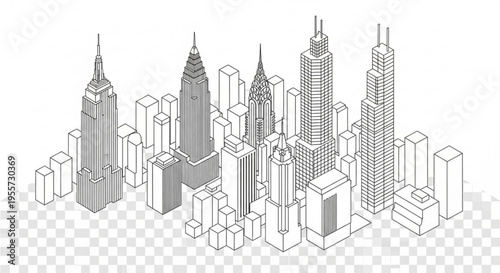 A minimalist vector illustration of a city skyline with skyscrapers and buildings on a transparent background