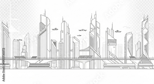 A futuristic cityscape illustration with sleek skyscrapers and flying cars in a minimalist line art style