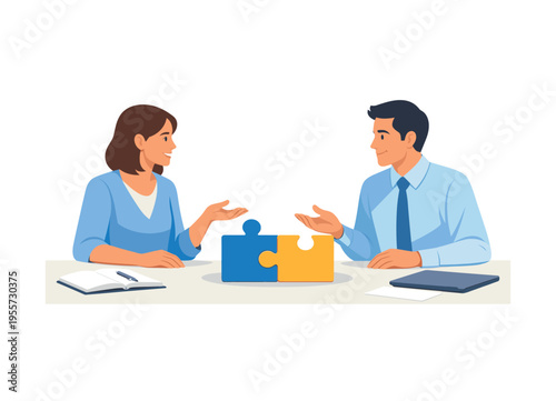 A workplace collaboration moment where two colleagues align on project goals and shared strategy during a calm professional discussion, visual metaphor of two interlocking puzzle