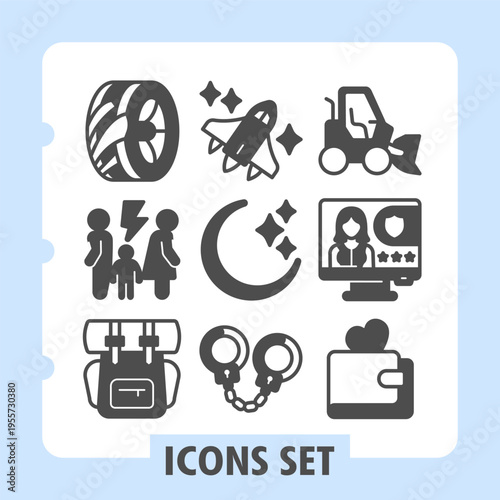 Set of nine simple vector icons featuring farming tools, family figures, vehicles, communication and tech devices for web and mobile interfaces.