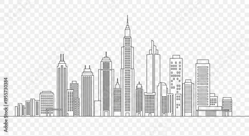 A minimalist black and white illustration of a city skyline with skyscrapers on a transparent background