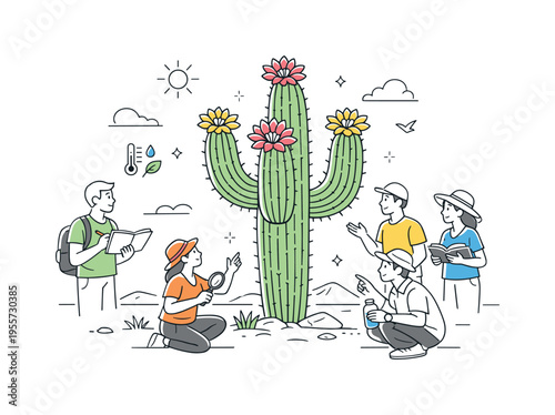 Desert ecosystem learning concept where people gather to study cactus plants with blooming flowers while discussing desert plant adaptations, a large cactus and bright blossoms