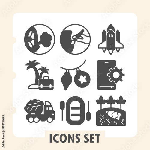 Set of nine simple vector icons featuring travel, transportation, energy and tech elements for web and mobile interfaces, enhancing user experience with clean visuals.