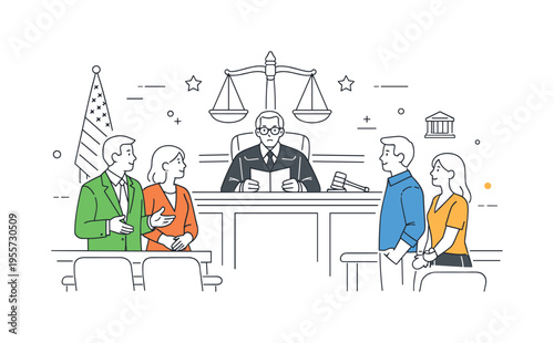 Legal justice system concept where courtroom participants gather while a judge prepares to deliver a decision in a formal legal environment, a courtroom bench and a justice scale