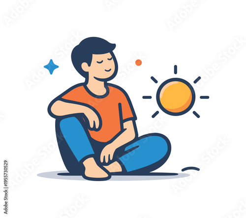 Quiet relaxation concept focused on resting posture and calm mental space after daily activities, a seated person with relaxed posture beside a small sun icon forming a clear