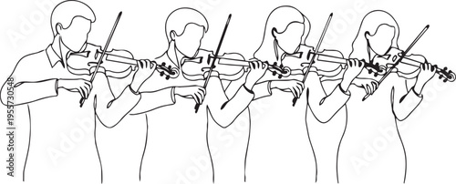 Four violinists playing instruments in unison during a musical performance