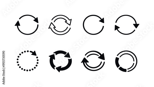 Loading refresh arrows: circular refresh arrow, double circular arrows, clockwise loop arrow, counterclockwise loop arrow, dotted loading circle arrow, segmented spinner arrows