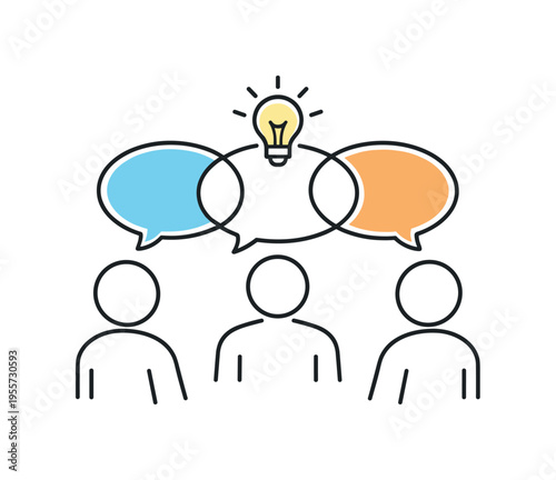 Inclusive workplace communication and collaborative discussion during team brainstorming sessions supporting innovation and shared understanding, three simplified human figures