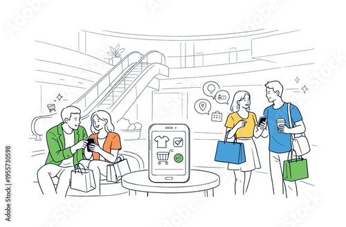 A business and lifestyle scene in a spacious shopping mall atrium where friends pause to review digital purchases and coordinate plans, representing omnichannel retail and smart