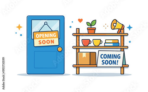 Retail or cafe interior preparation moment before the first day of business when a shop announces its upcoming opening to the public, a door with a hanging opening sign beside a