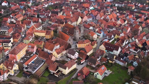 Aerial view of the old town city Feuchtwangen in south Germany, Bavaria . On a cloudy day in autumn. 